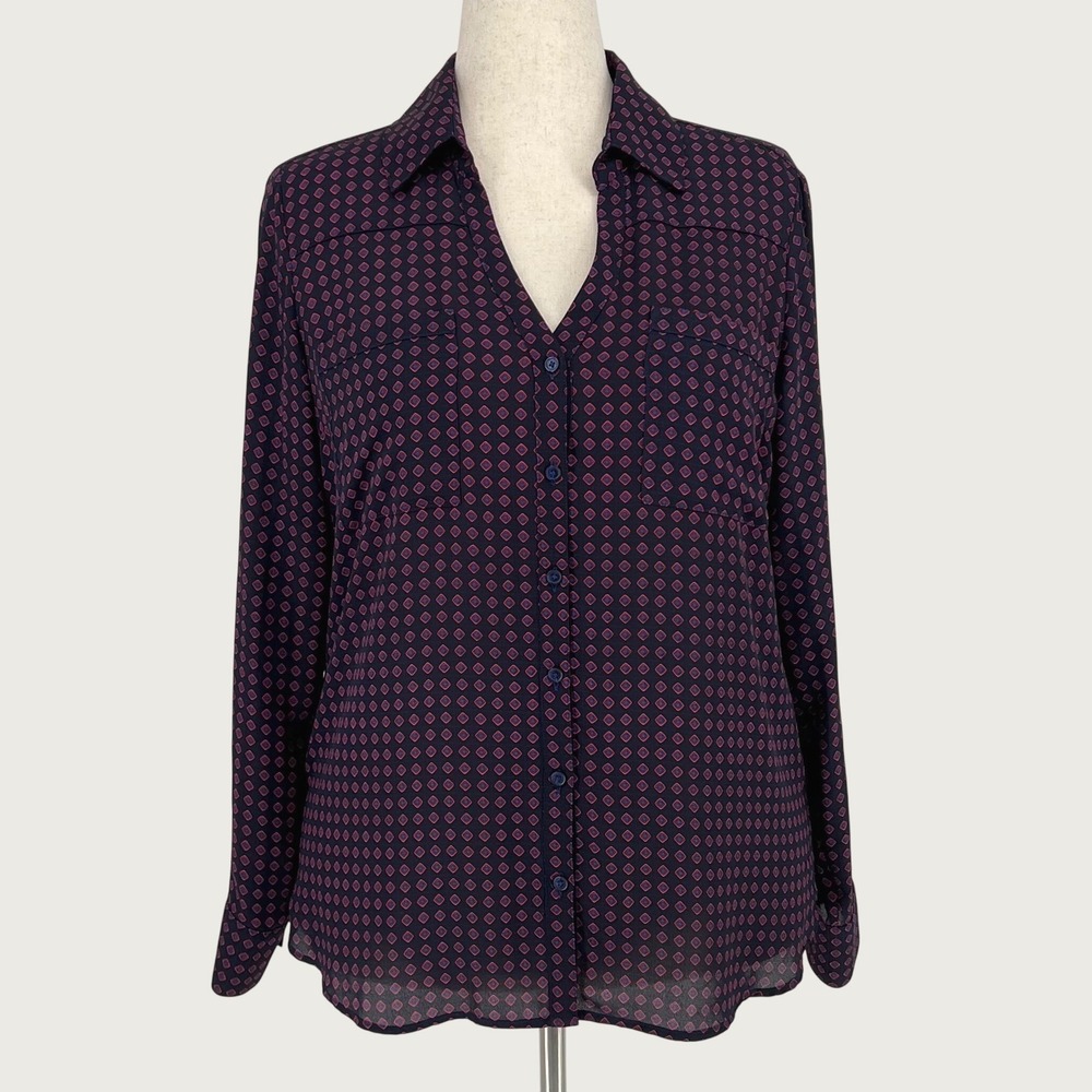 Express Women The Portofino Shirt Geometric Button Front Blouse Size L Blue Pink